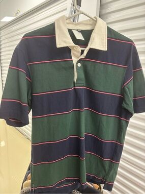 Uniqlo Green & Navy Striped Polo with Cream Collar